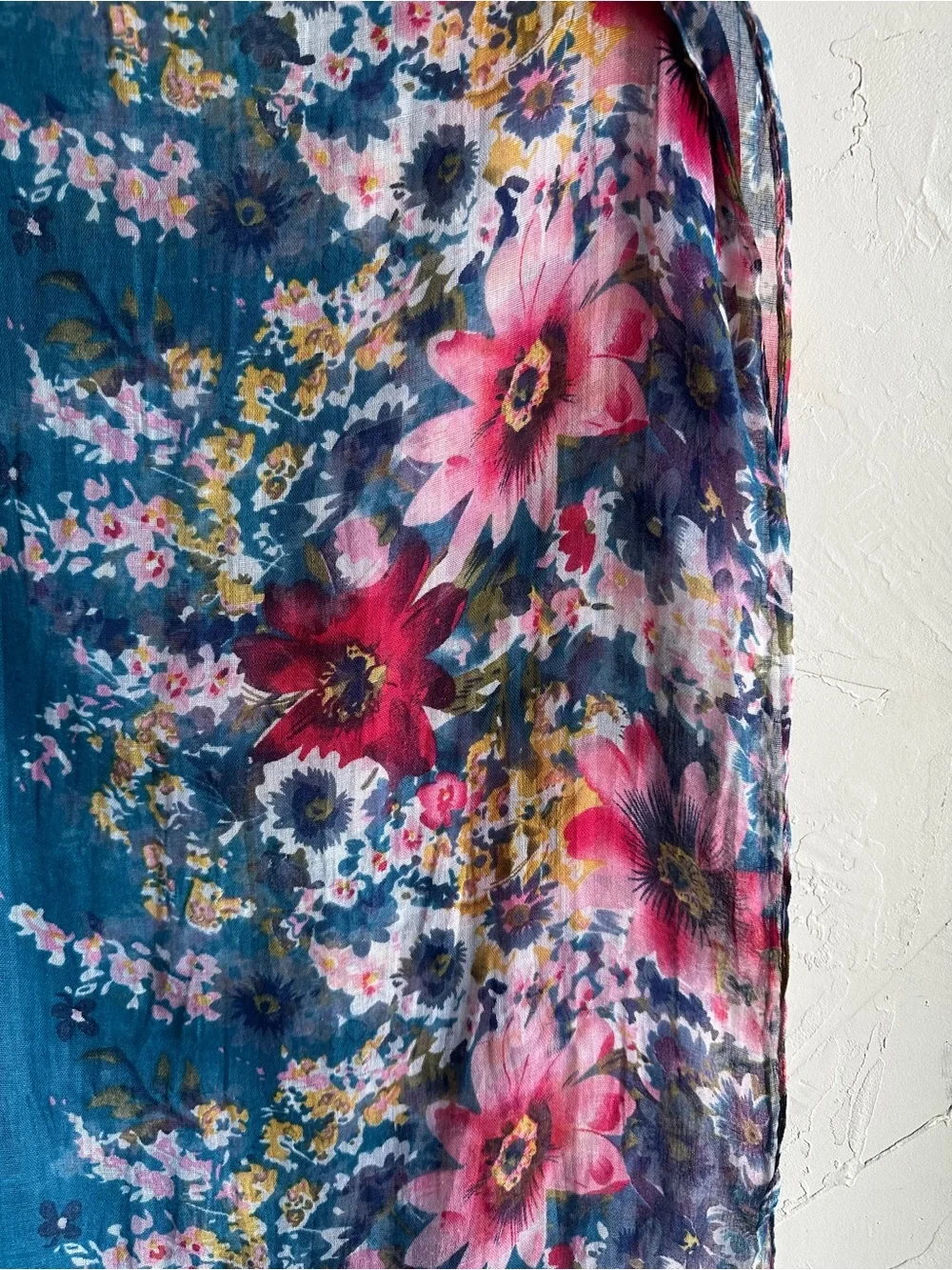Floral Watercolor Viscose Scarf Blue Pink Sheer Boho Cottagecore Romantic 62x40
